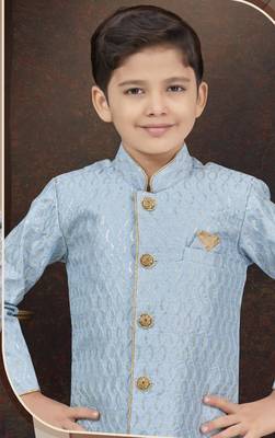Blue art silk sherwani with silk dupion pajama for kids 2