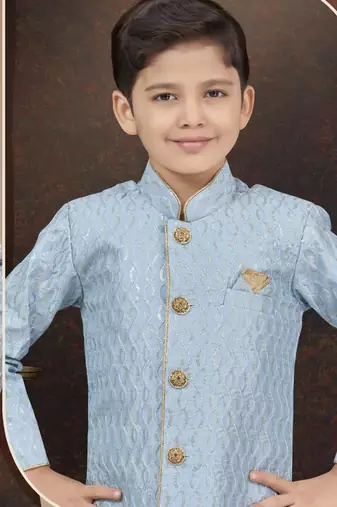 Blue art silk sherwani with silk dupion pajama for kids