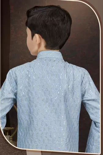 Blue art silk sherwani with silk dupion pajama for kids