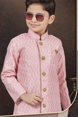 Pink art silk sherwani with silk dupion pajama for kids 2