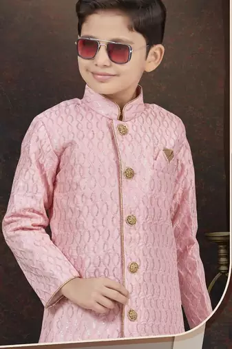 Pink art silk sherwani with silk dupion pajama for kids