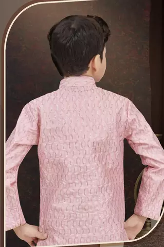 Pink art silk sherwani with silk dupion pajama for kids