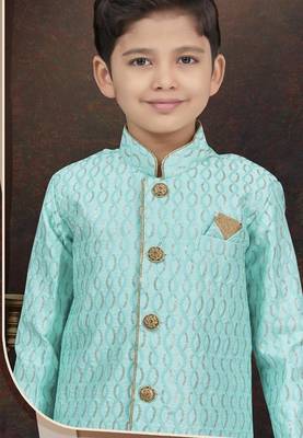 Green art silk sherwani with silk dupion pajama for kids 2