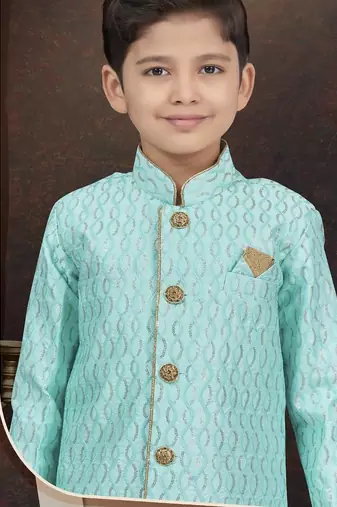 Green art silk sherwani with silk dupion pajama for kids