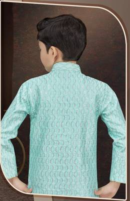 Green art silk sherwani with silk dupion pajama for kids 3