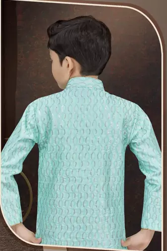 Green art silk sherwani with silk dupion pajama for kids
