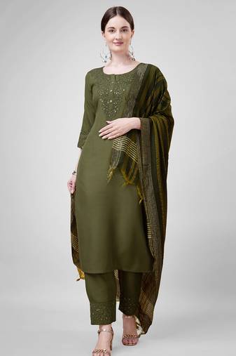  Women's Cotton Blend Floral Straight Printed Kurta Pant With Dupatta | kurta sets for woman