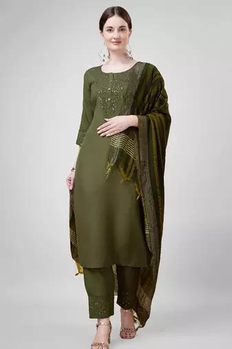 Women's Cotton Blend Floral Straight Printed Kurta Pant With Dupatta | kurta sets for woman