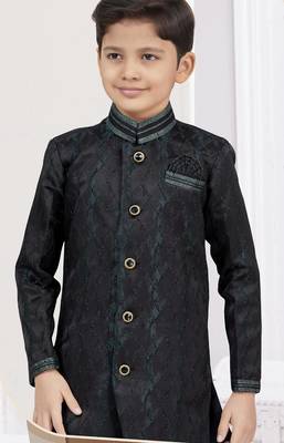 Black siyara jackard sherwani with silk dupion pajama for kids 2