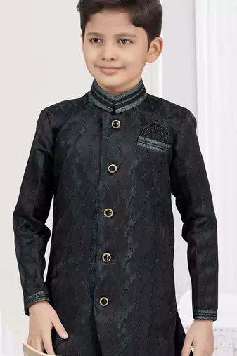 Black siyara jackard sherwani with silk dupion pajama for kids