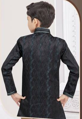 Black siyara jackard sherwani with silk dupion pajama for kids 3