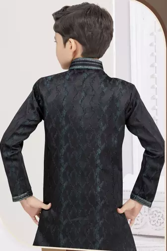 Black siyara jackard sherwani with silk dupion pajama for kids