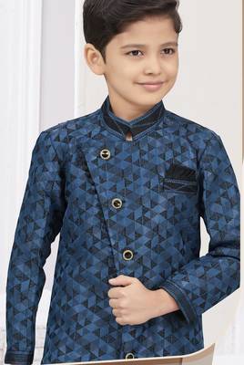 Blue singham jackard sherwani with silk dupion pajama for kids 2