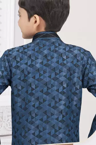 Blue singham jackard sherwani with silk dupion pajama for kids