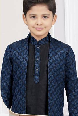 Blue kasak zari jackard & banarasi silk indo western with silk dupion pajama for kids 1