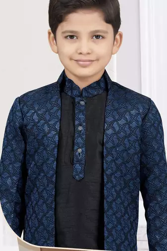 Blue kasak zari jackard & banarasi silk indo western with silk dupion pajama for kids
