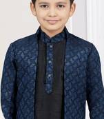 Blue kasak zari jackard & banarasi silk indo western with silk dupion pajama for kids