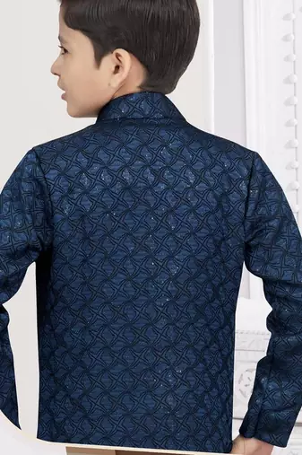 Blue kasak zari jackard & banarasi silk indo western with silk dupion pajama for kids