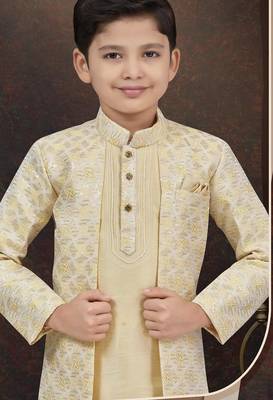 Yellow kasak zari jackard & banarasi silk indo western with silk dupion pajama for kids 2