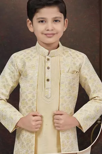 Yellow kasak zari jackard & banarasi silk indo western with silk dupion pajama for kids
