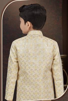 Yellow kasak zari jackard & banarasi silk indo western with silk dupion pajama for kids 3