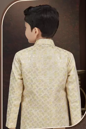 Yellow kasak zari jackard & banarasi silk indo western with silk dupion pajama for kids
