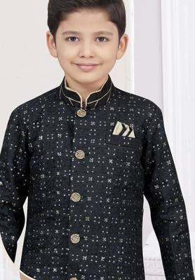 Black champion silk sherwani with silk dupion pajama for kids 2