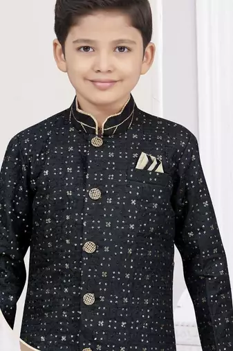 Black champion silk sherwani with silk dupion pajama for kids
