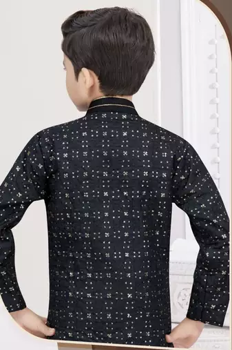 Black champion silk sherwani with silk dupion pajama for kids