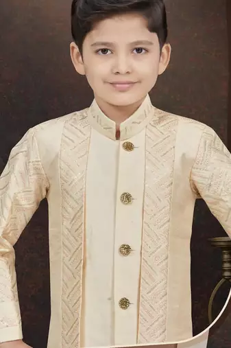 White power silk indo western with silk dupion pajama for kids