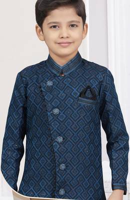 Blue kasak zari jackard & banarasi silk sherwani with silk dupion pajama for kids 2