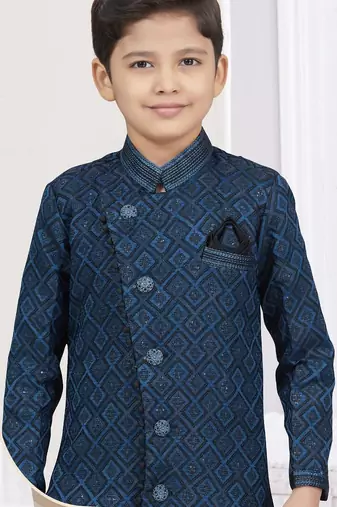 Blue kasak zari jackard & banarasi silk sherwani with silk dupion pajama for kids