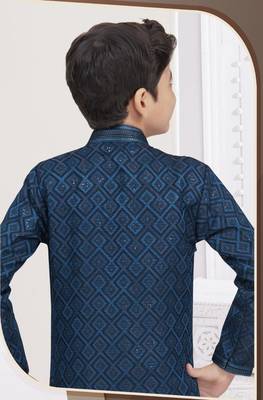 Blue kasak zari jackard & banarasi silk sherwani with silk dupion pajama for kids 3