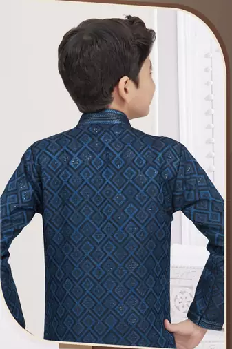 Blue kasak zari jackard & banarasi silk sherwani with silk dupion pajama for kids