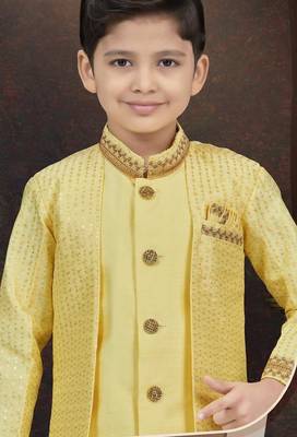 Yellow banarasi silk indo western with silk dupion pajama for kids 2