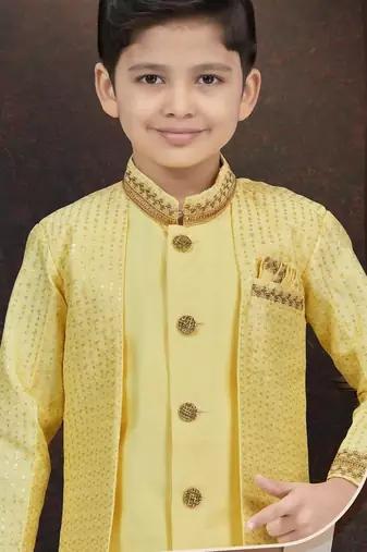 Yellow banarasi silk indo western with silk dupion pajama for kids