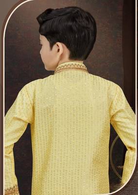 Yellow banarasi silk indo western with silk dupion pajama for kids 3