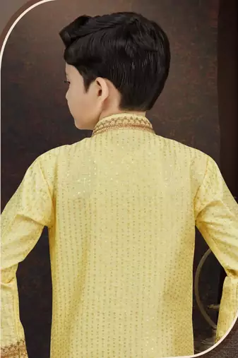 Yellow banarasi silk indo western with silk dupion pajama for kids