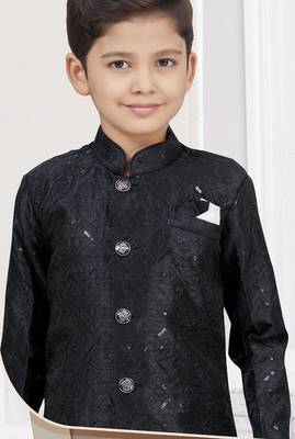 Black banarasi silk sherwani with silk dupion pajama for kids 2