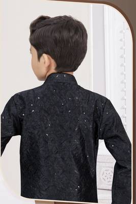 Black banarasi silk sherwani with silk dupion pajama for kids 3