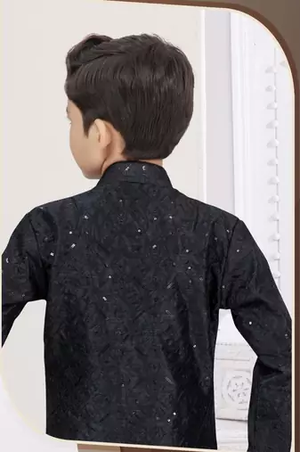 Black banarasi silk sherwani with silk dupion pajama for kids