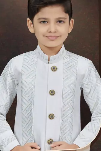 White power silk indo western with silk dupion pajama for kids