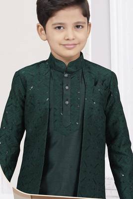 Green banarasi silk indo western with silk dupion pajama for kids 2