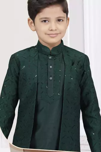 Green banarasi silk indo western with silk dupion pajama for kids