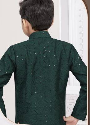 Green banarasi silk indo western with silk dupion pajama for kids 3