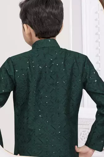Green banarasi silk indo western with silk dupion pajama for kids