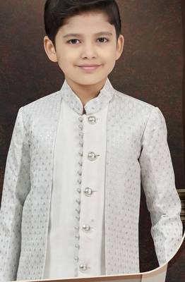 White kasak zari jackard & banarasi silk indo western with silk dupion pajama for kids 2