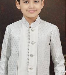 White kasak zari jackard & banarasi silk indo western with silk dupion pajama for kids