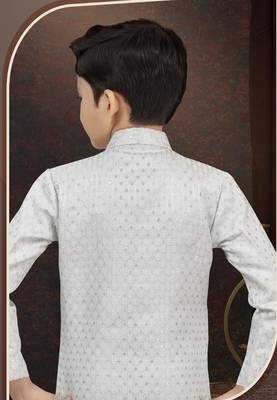 White kasak zari jackard & banarasi silk indo western with silk dupion pajama for kids 3