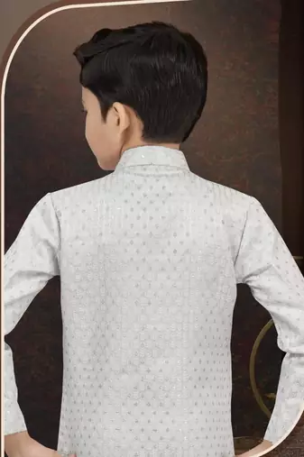 White kasak zari jackard & banarasi silk indo western with silk dupion pajama for kids